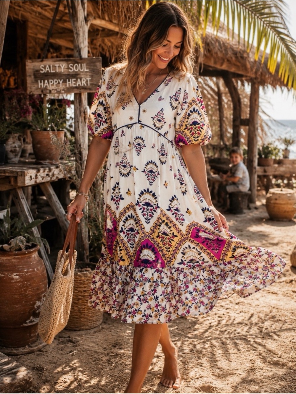 Fig & Flower Pippa Ivory Floral Puff Sleeve Midi Dress Size Large